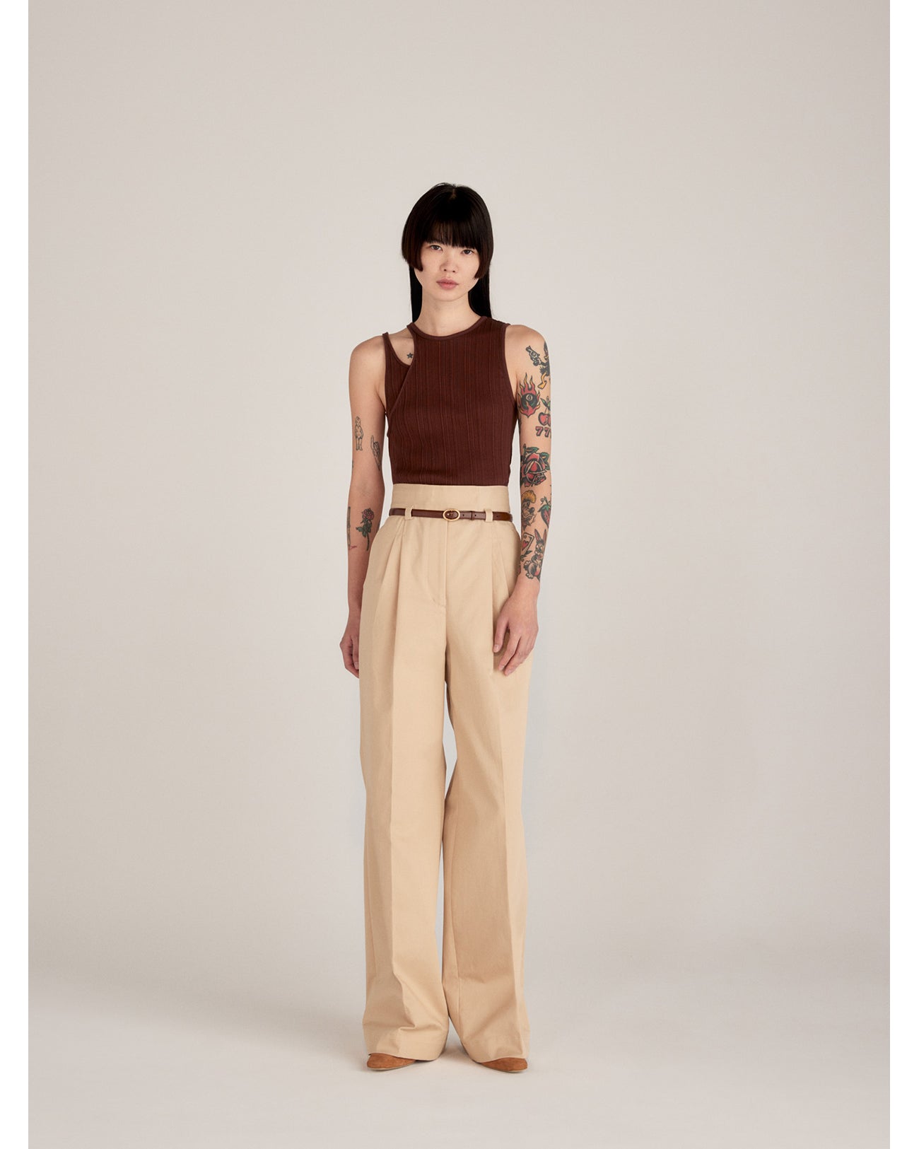 Cotton Chino Flared Wide Trousers - beige