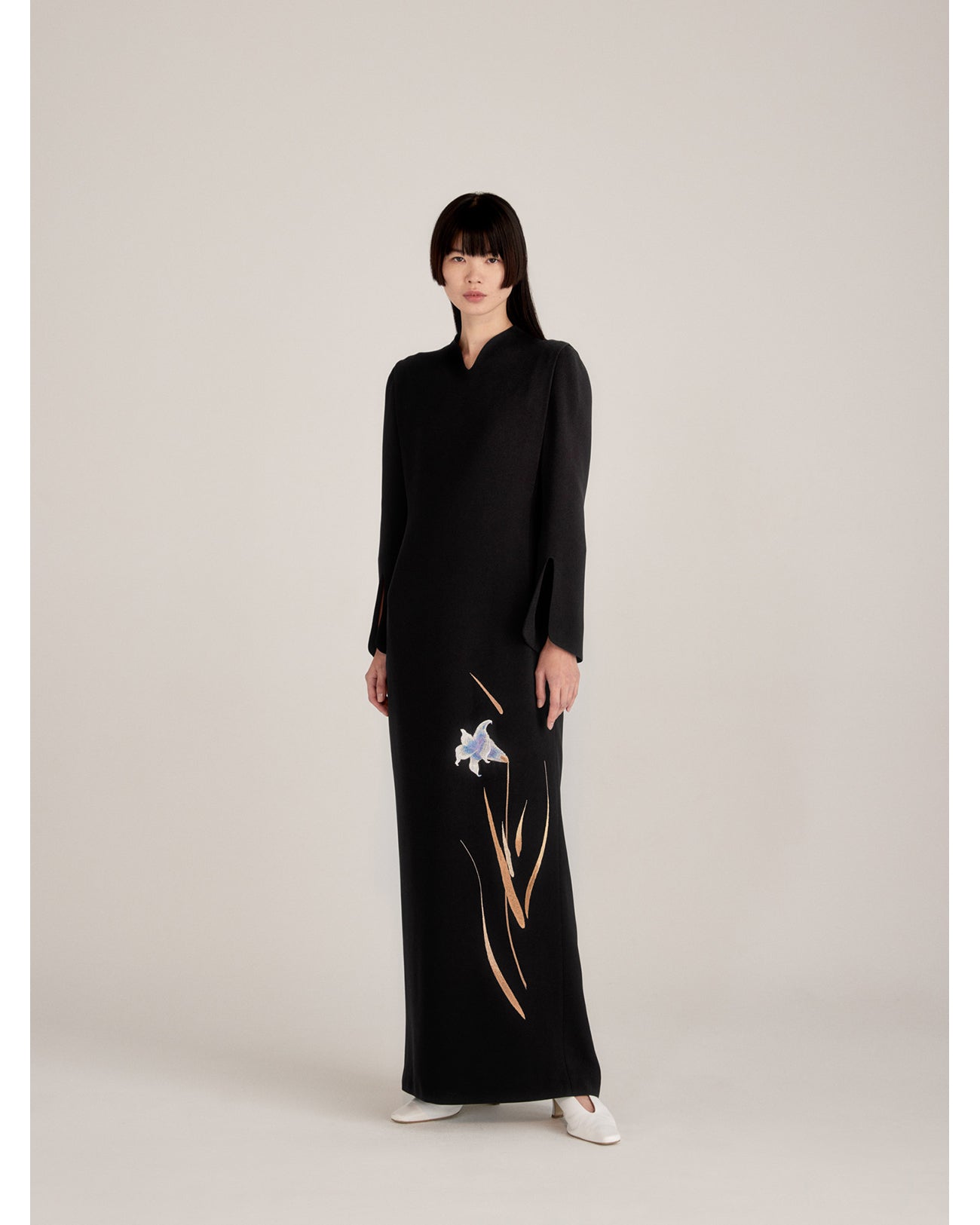 Triacetate Floral Embroidery Dress - black - Mame Kurogouchi