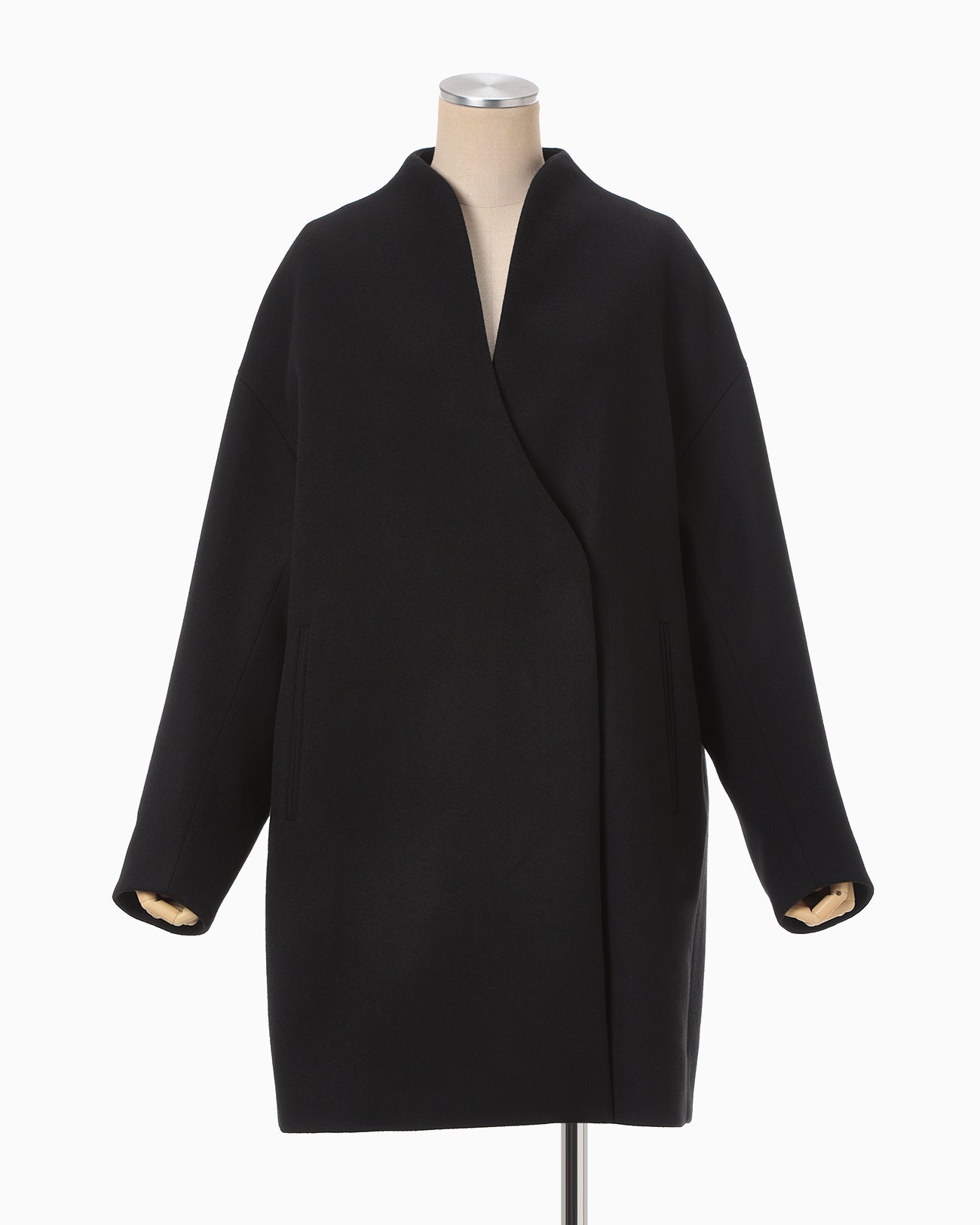 Wool Middle Length Collarless Coat - black - Mame Kurogouchi