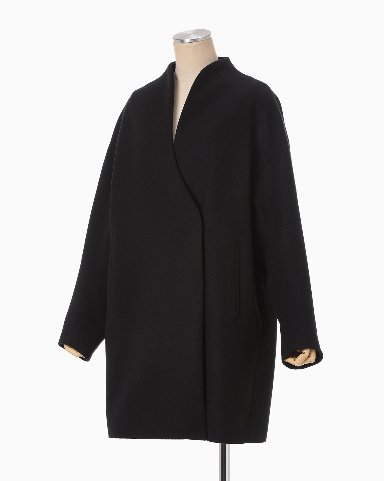Wool Middle Length Collarless Coat - black - Mame Kurogouchi
