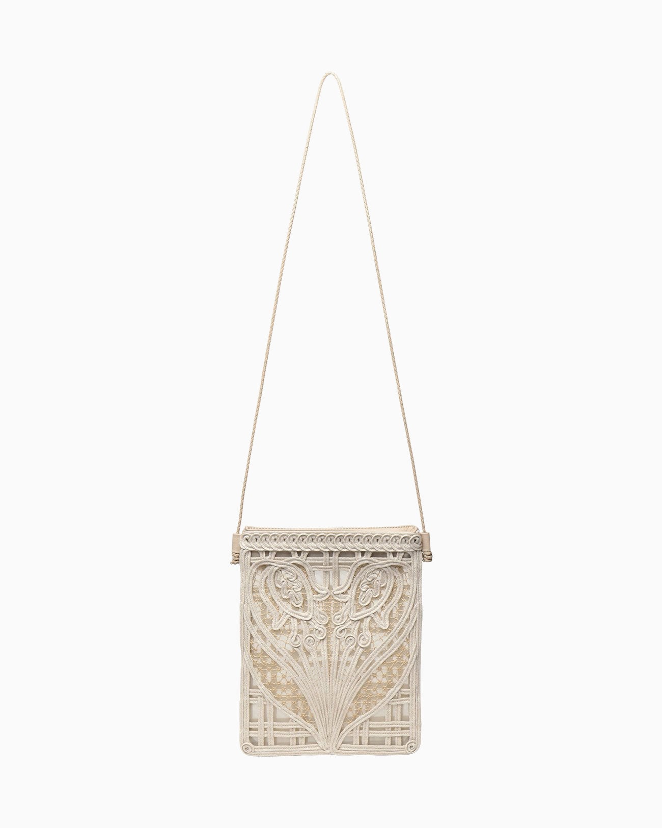 Cording Embroidery Pouch With Leather Strap - beige