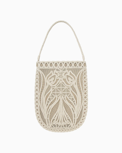 Cording Embroidery Round Tote Bag - beige