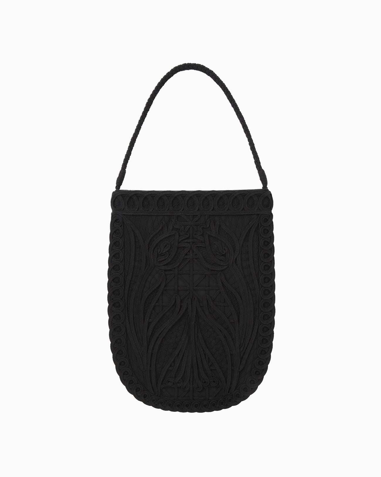 Cording Embroidery Round Tote Bag - black