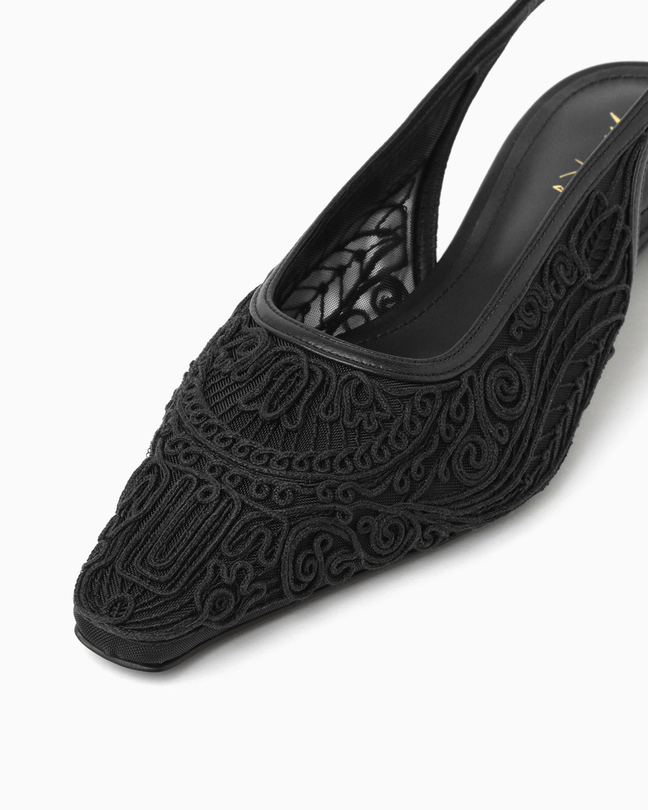 Cording Embroidery Sling Back Heels - black