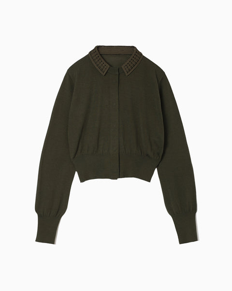 Detachable Embroidery Collar Knitted Cardigan - khaki