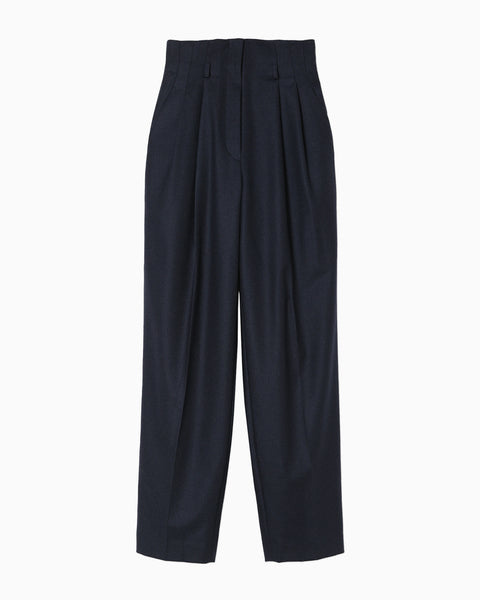 Wool Flannel Wide Tapered Trousers - navy