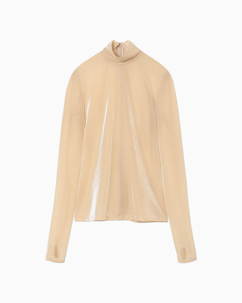 Lamé Jersey High Neck Sheer Top - beige