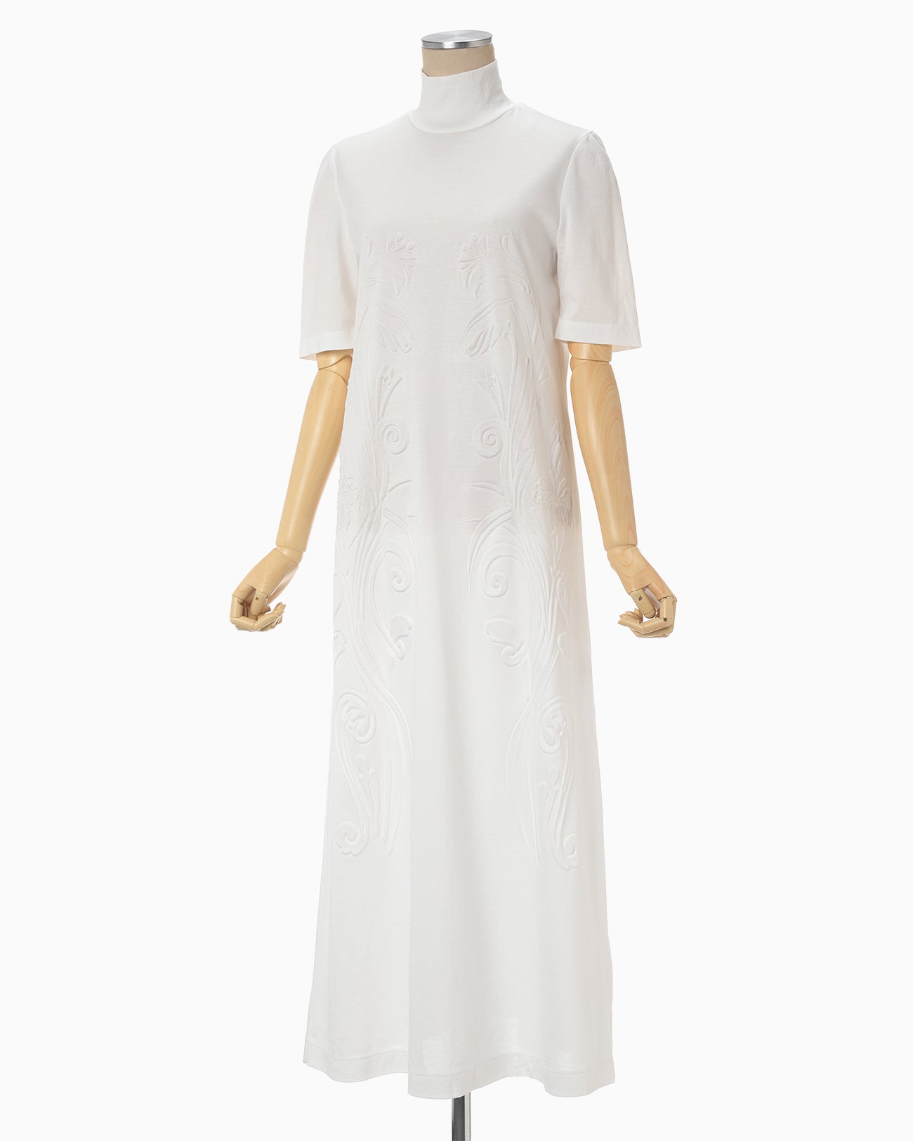 Floral Embossed Cotton Jersey A-Line Dress - white