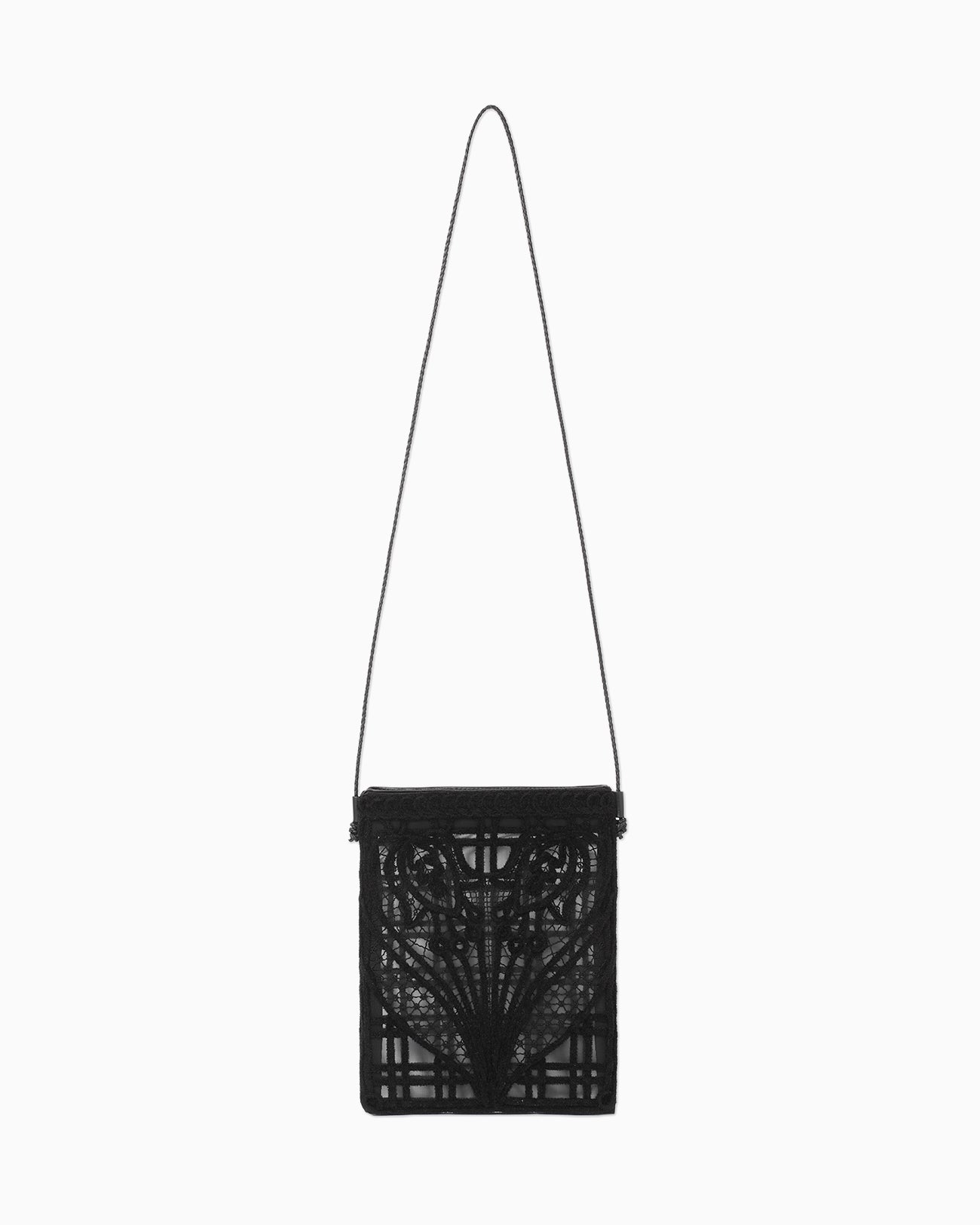 Cording Embroidery Pouch With Leather Strap - black