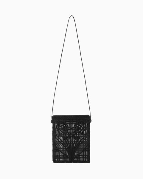 Cording Embroidery Pouch With Leather Strap - black