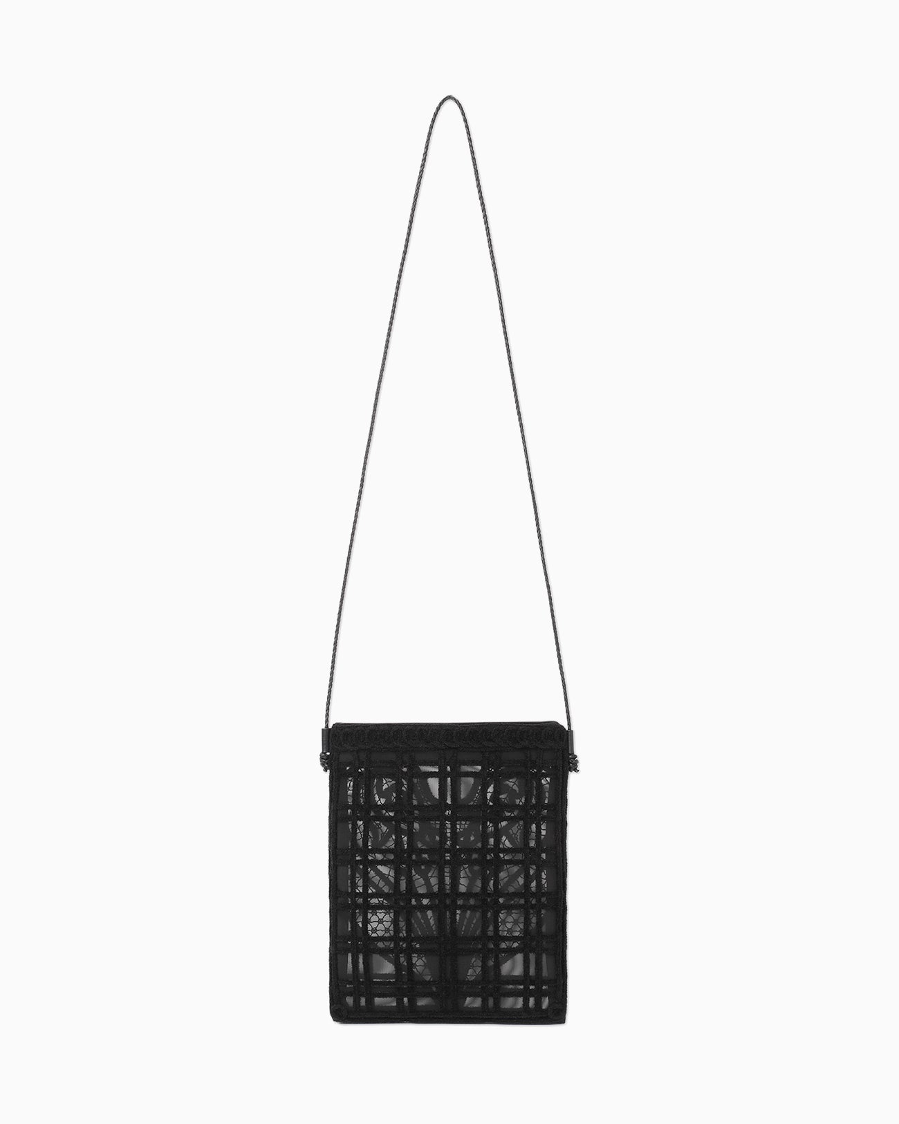 Cording Embroidery Pouch With Leather Strap - black