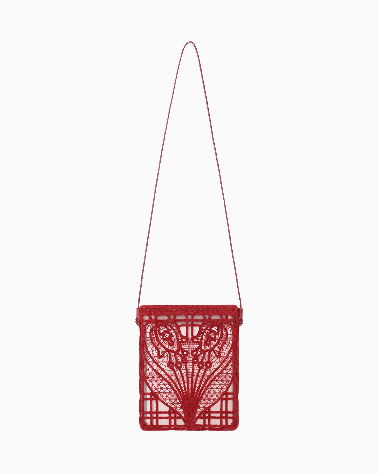 Cording Embroidery Pouch With Leather Strap - red