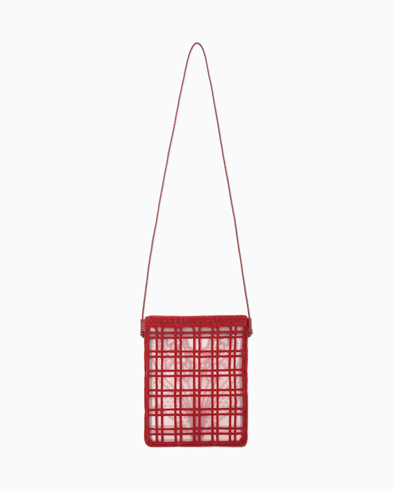 Cording Embroidery Pouch With Leather Strap - red