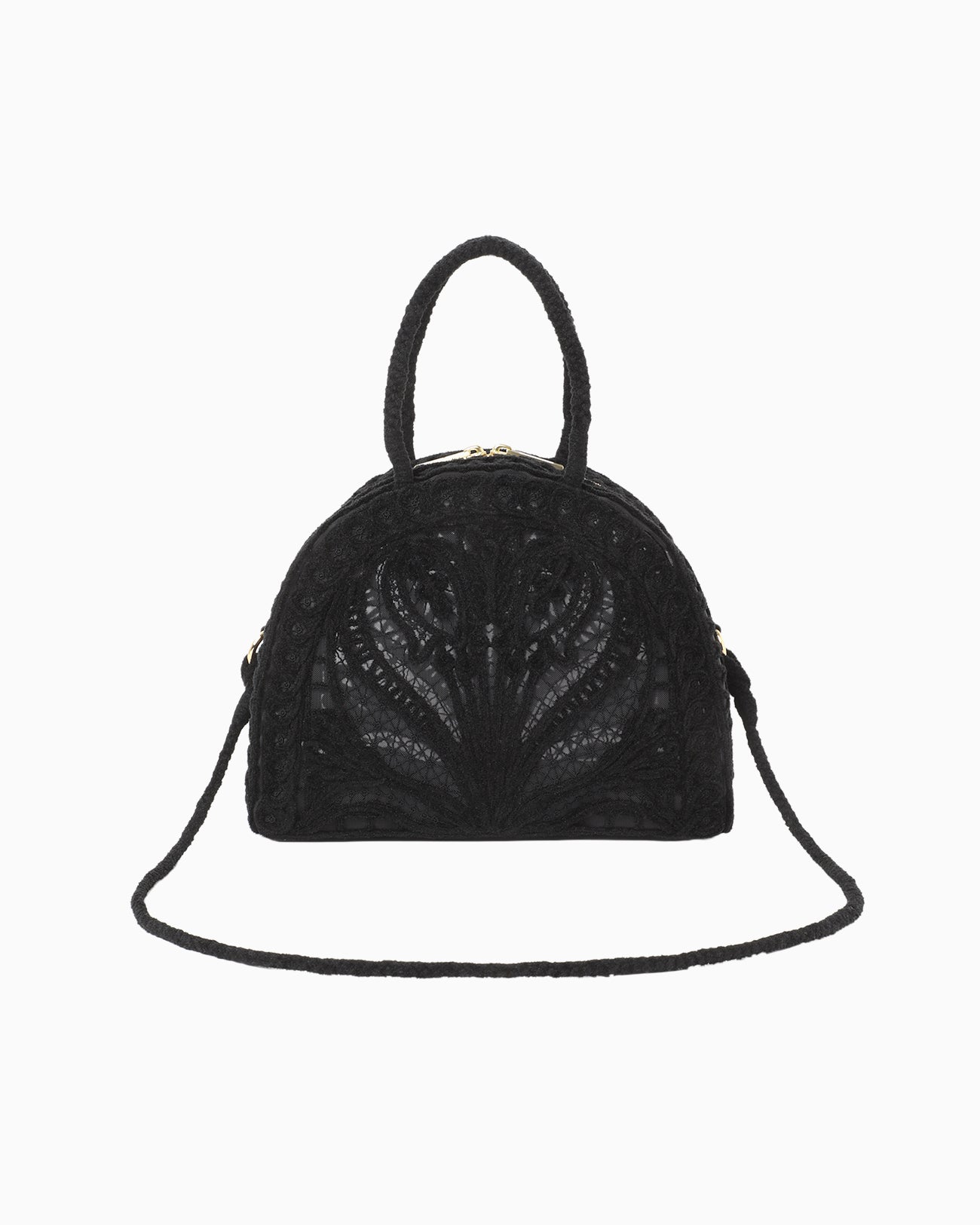 Cording Embroidery Demi Lune Handbag - black
