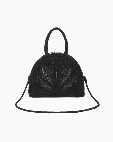 Cording Embroidery Demi Lune Handbag - black