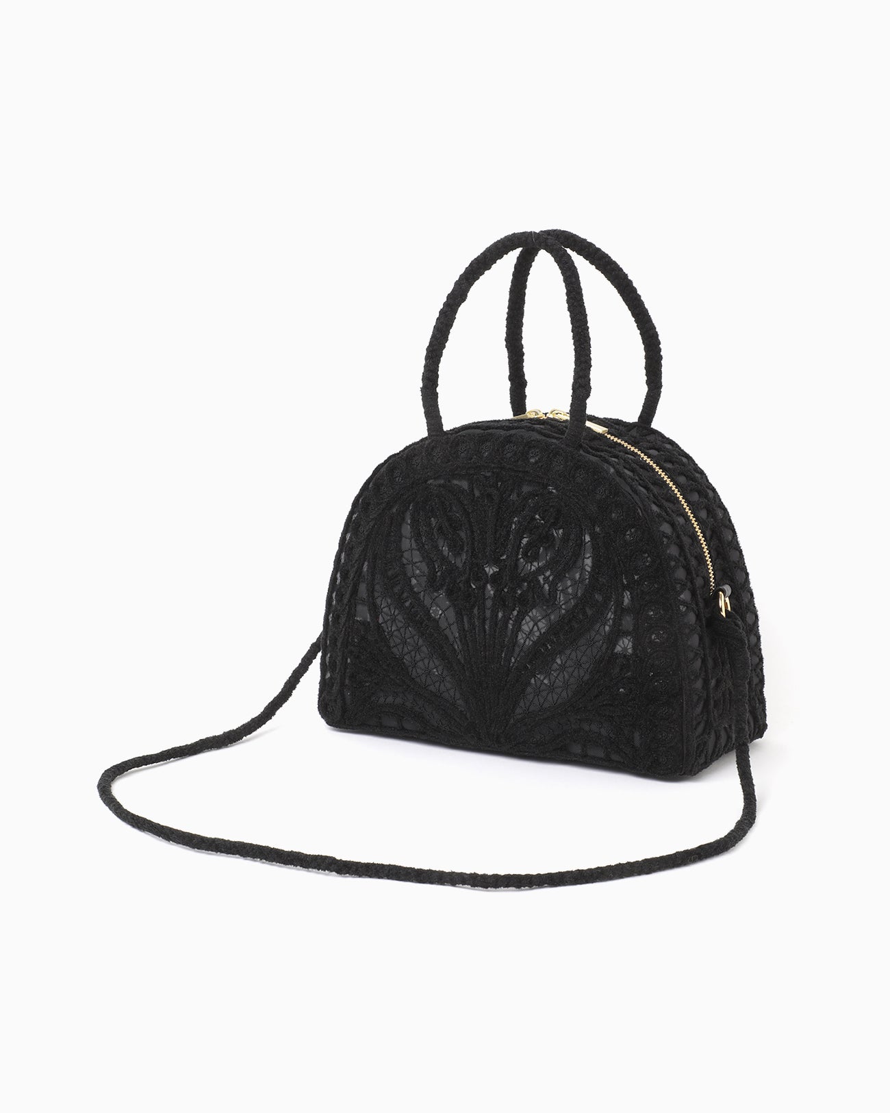 Cording Embroidery Demi Lune Handbag - black