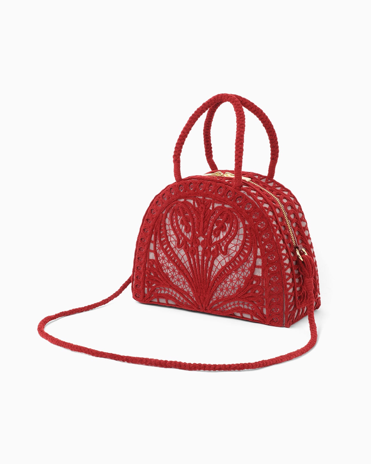 Cording Embroidery Demi Lune Handbag - red