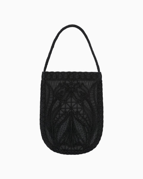 Cording Embroidery Round Tote Bag - black
