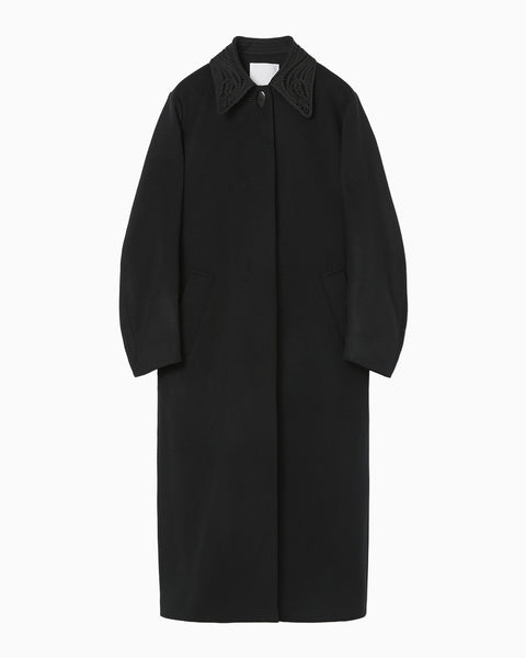 Wool Melton Embroidery Collar Long Coat - black