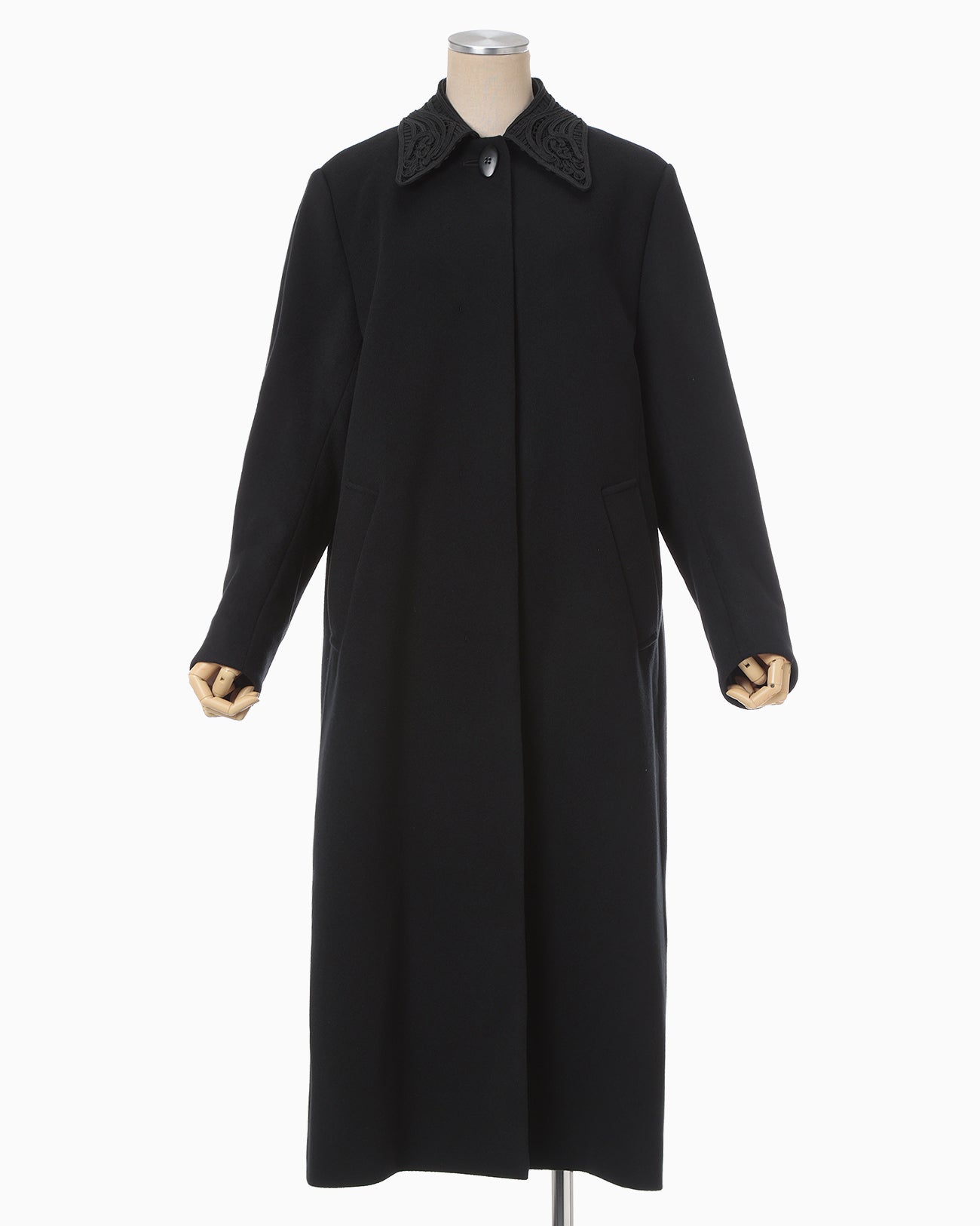 Wool Melton Embroidery Collar Long Coat - black