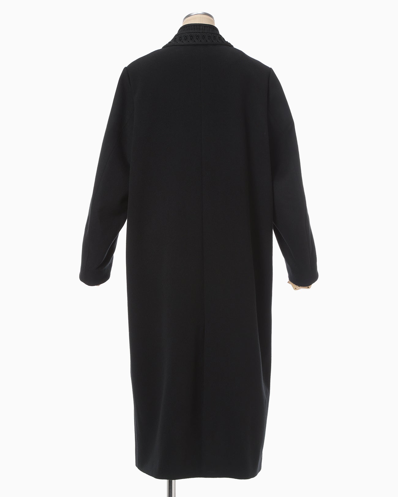 Wool Melton Embroidery Collar Long Coat - black