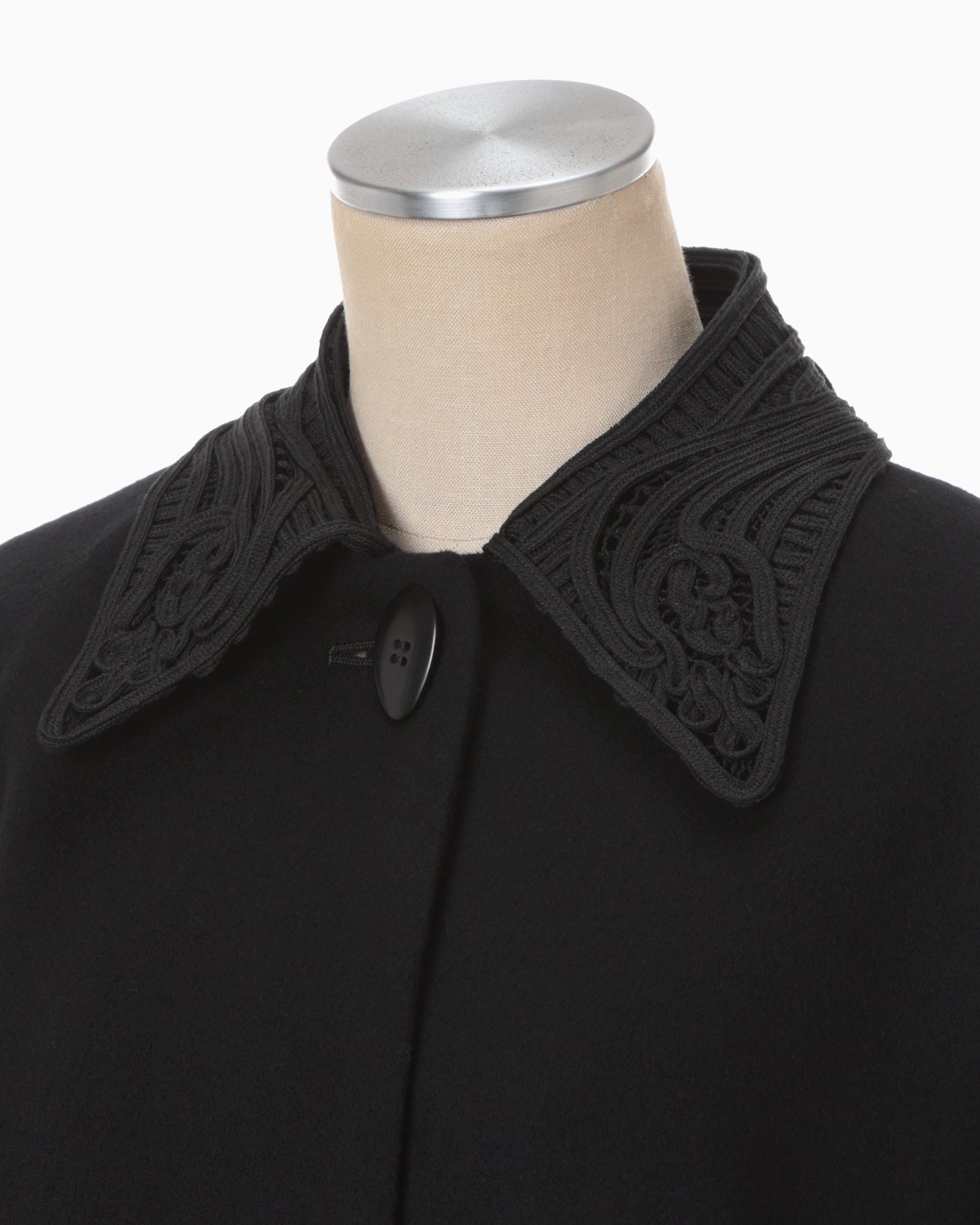 Wool Melton Embroidery Collar Long Coat - black