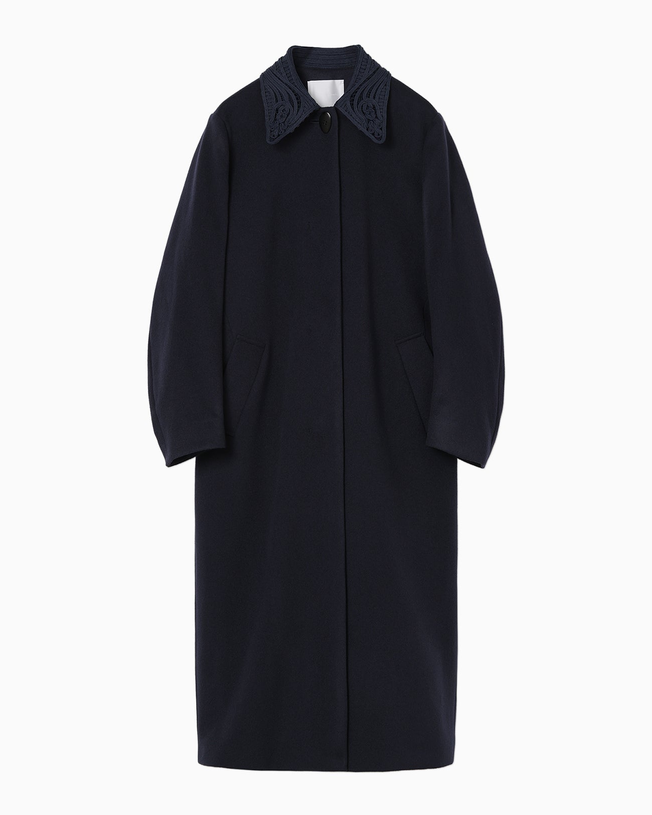 Wool Melton Embroidery Collar Long Coat - navy
