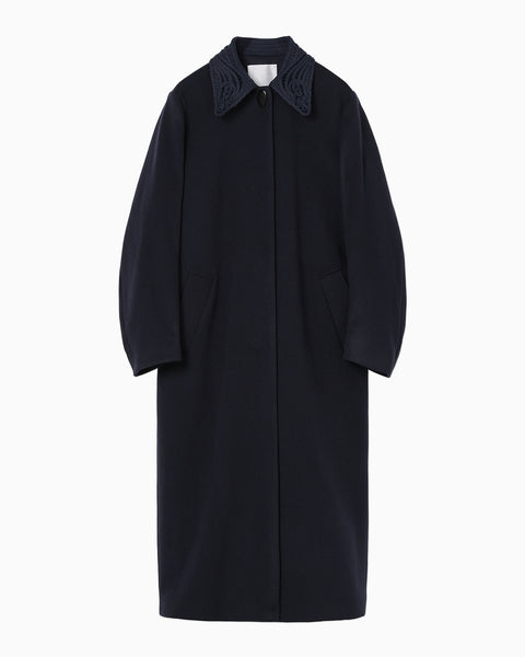 Wool Melton Embroidery Collar Long Coat - navy