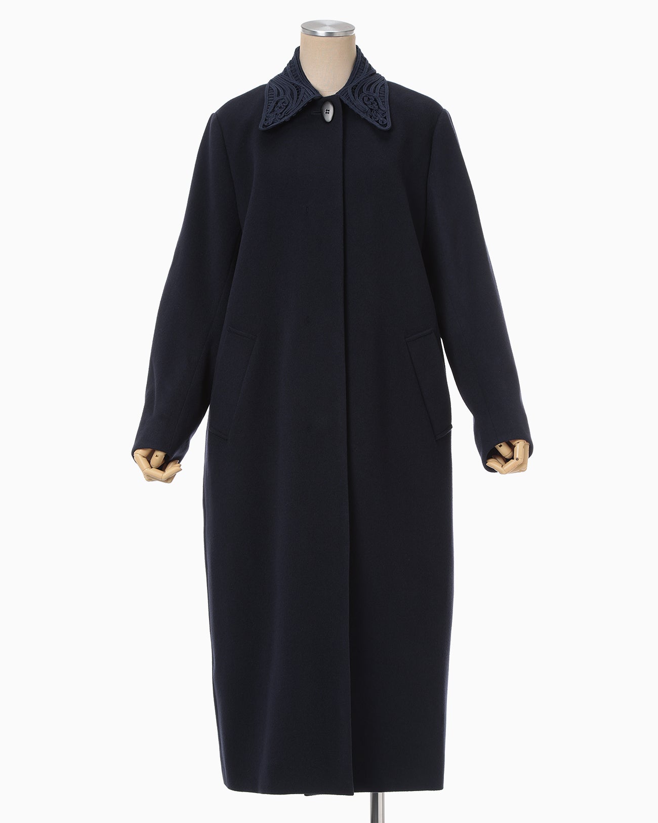 Wool Melton Embroidery Collar Long Coat - navy