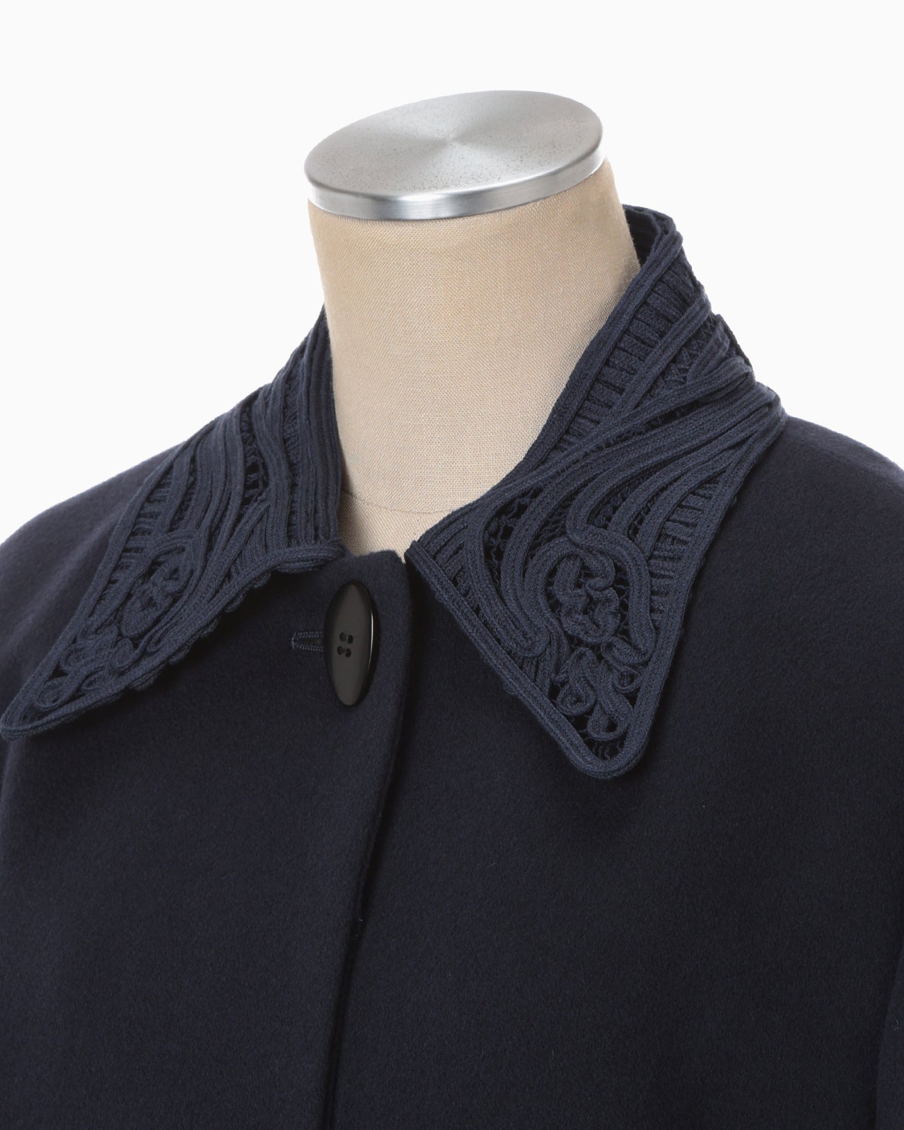 Wool Melton Embroidery Collar Long Coat - navy