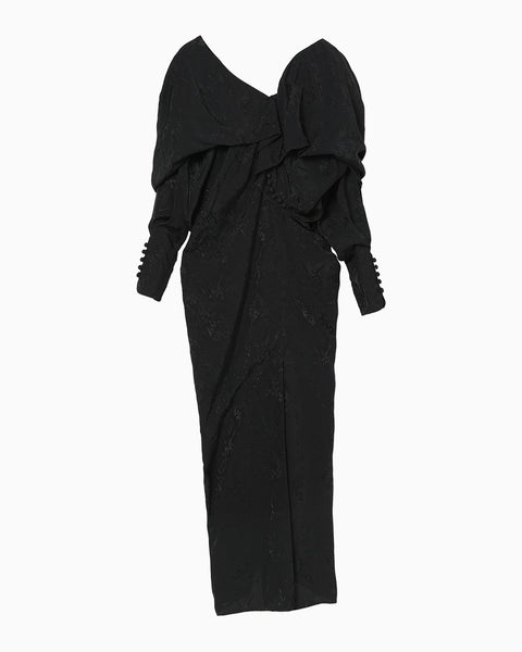 Floral Jacquard Asymmetry Drape Dress - black