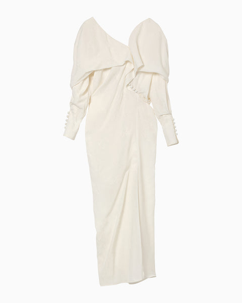 Floral Jacquard Asymmetry Drape Dress - ecru