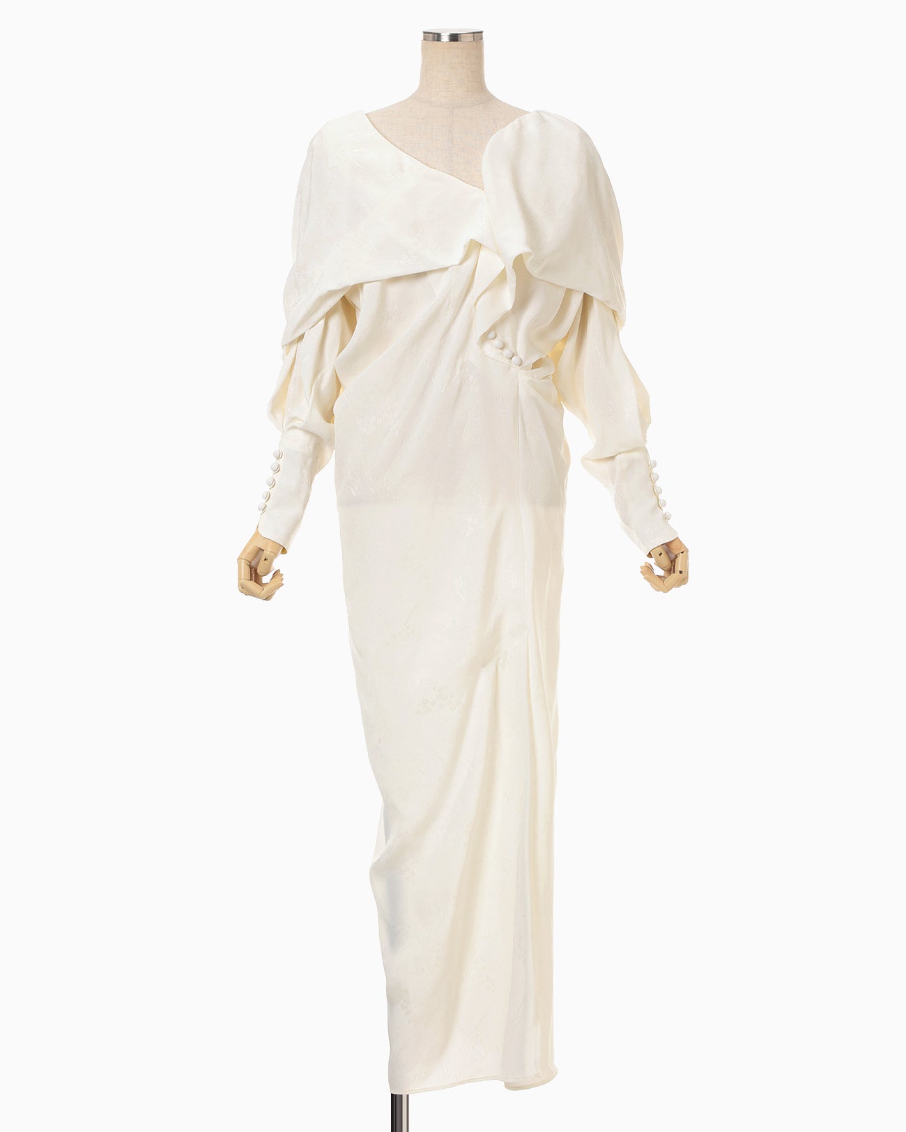 Floral Jacquard Asymmetry Drape Dress - ecru