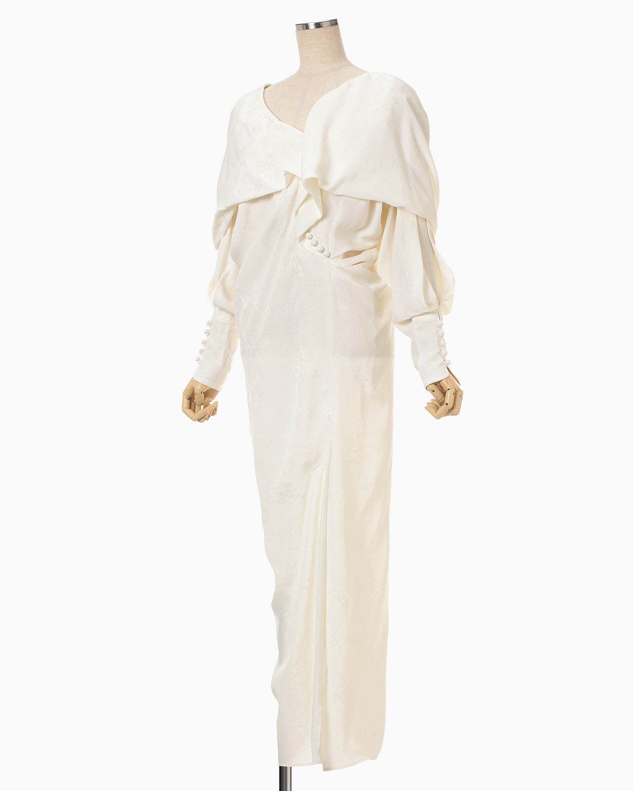 Floral Jacquard Asymmetry Drape Dress - ecru