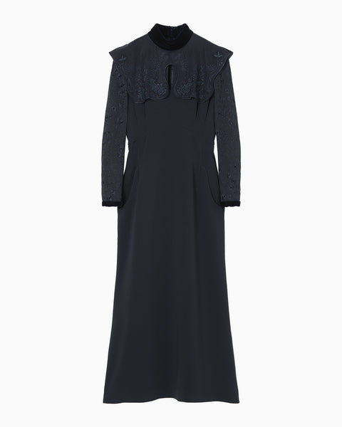Triacetate Georgette Embroidery Collar Dress - navy
