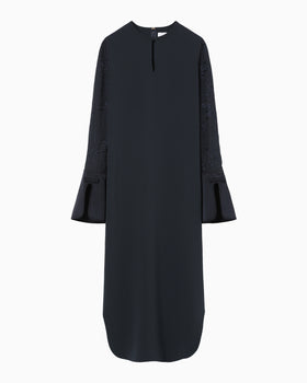 Triacetate Georgette Floral Embroidery Sleeve Classic Dress - navy