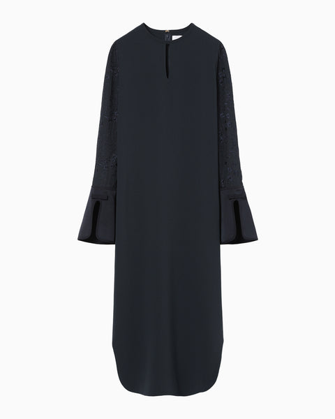 Triacetate Georgette Floral Embroidery Sleeve Classic Dress - navy