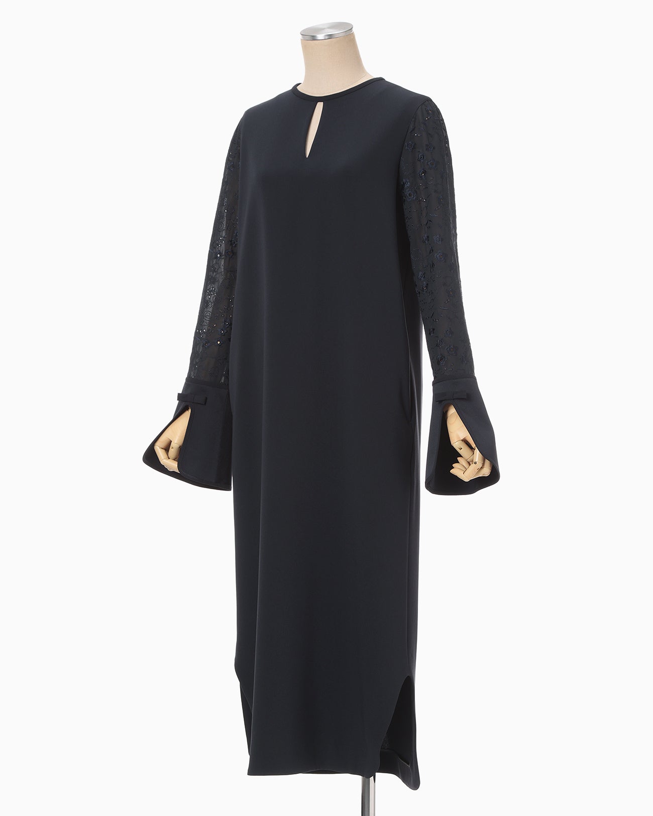 Triacetate Georgette Floral Embroidery Sleeve Classic Dress - navy