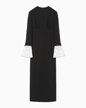 Triacetate Georgette Embroidered Cuffs I-Line Dress - black