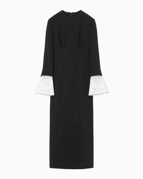 Triacetate Georgette Embroidered Cuffs I-Line Dress - black