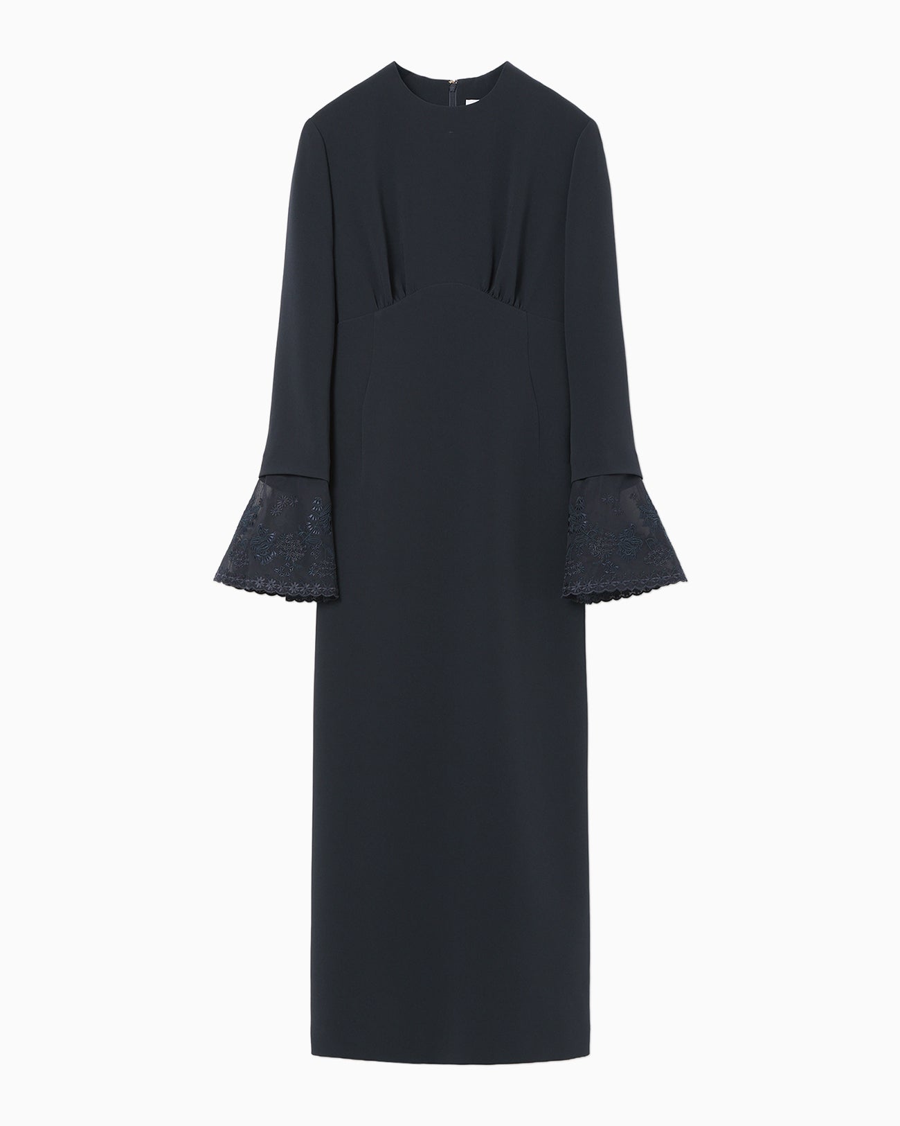 Triacetate Georgette Embroidered Cuffs I-Line Dress - navy