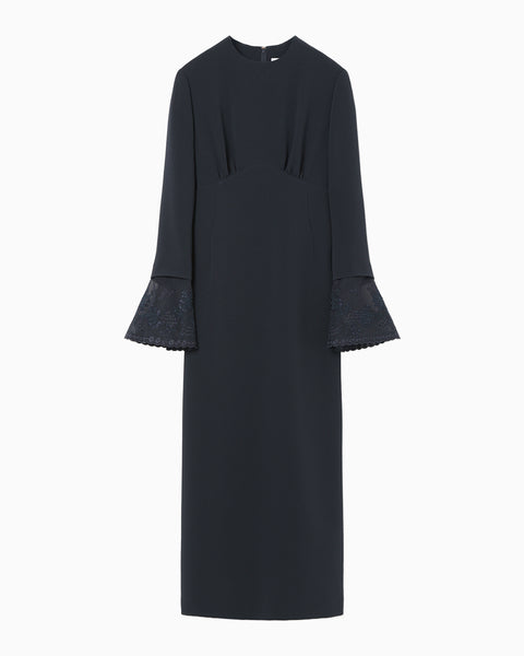Triacetate Georgette Embroidered Cuffs I-Line Dress - navy