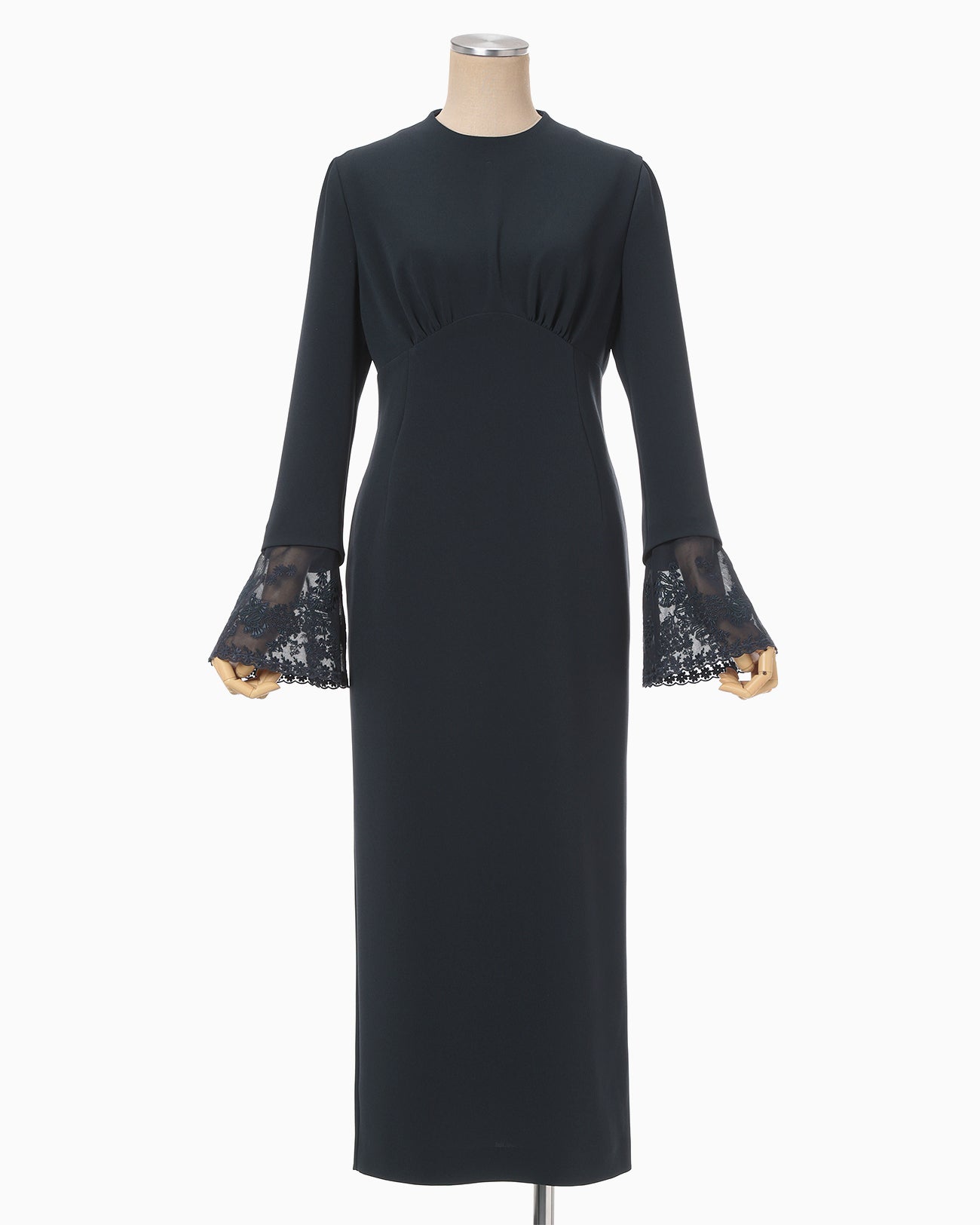Triacetate Georgette Embroidered Cuffs I-Line Dress - navy - Mame