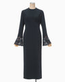 Triacetate Georgette Embroidered Cuffs I-Line Dress - navy