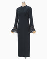 Triacetate Georgette Embroidered Cuffs I-Line Dress - navy