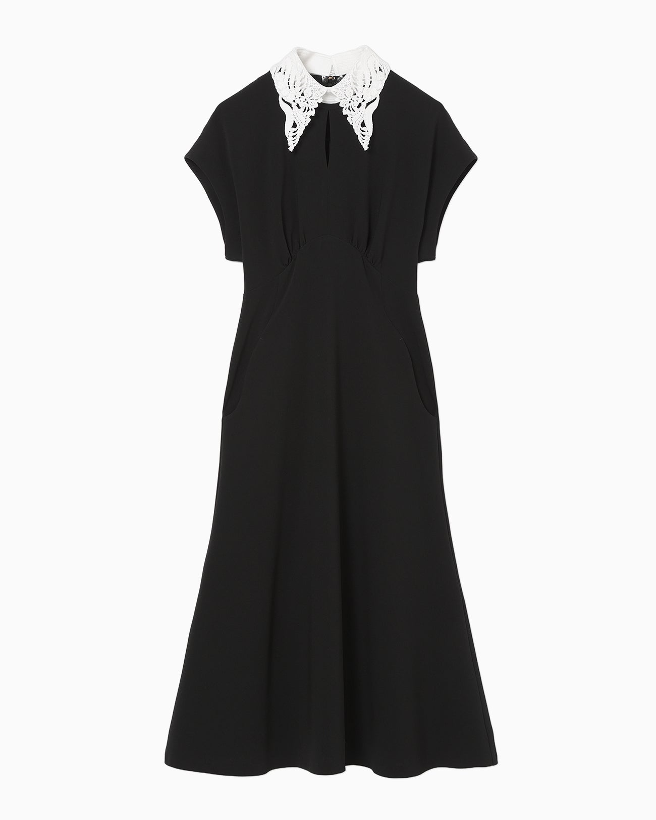 Triacetate Georgette Embroidered Collar Flared Dress - black