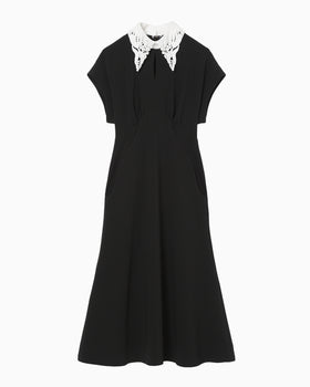 Triacetate Georgette Embroidered Collar Flared Dress - black