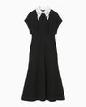 Triacetate Georgette Embroidered Collar Flared Dress - black