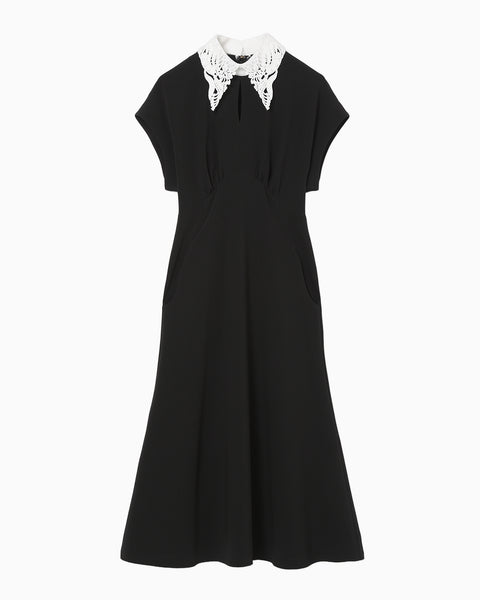 Triacetate Georgette Embroidered Collar Flared Dress - black