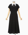 Triacetate Georgette Embroidered Collar Flared Dress - black